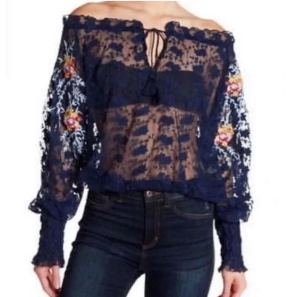 NWT Free People Jubilee Blue Mesh whimsigoth Embroidered Floral Boho Blouse Sz S